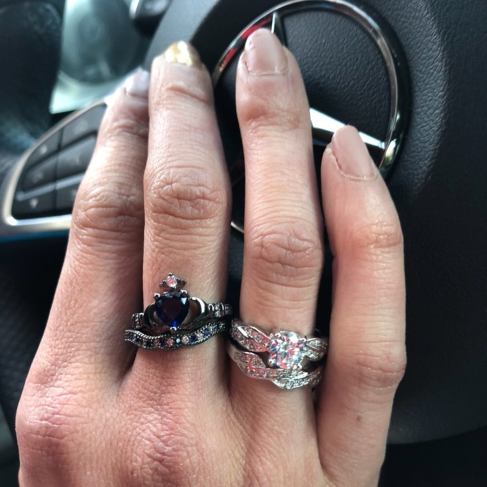 🆕💍💎 Sapphire crown heart gunmetal 2pc rings💙🖤